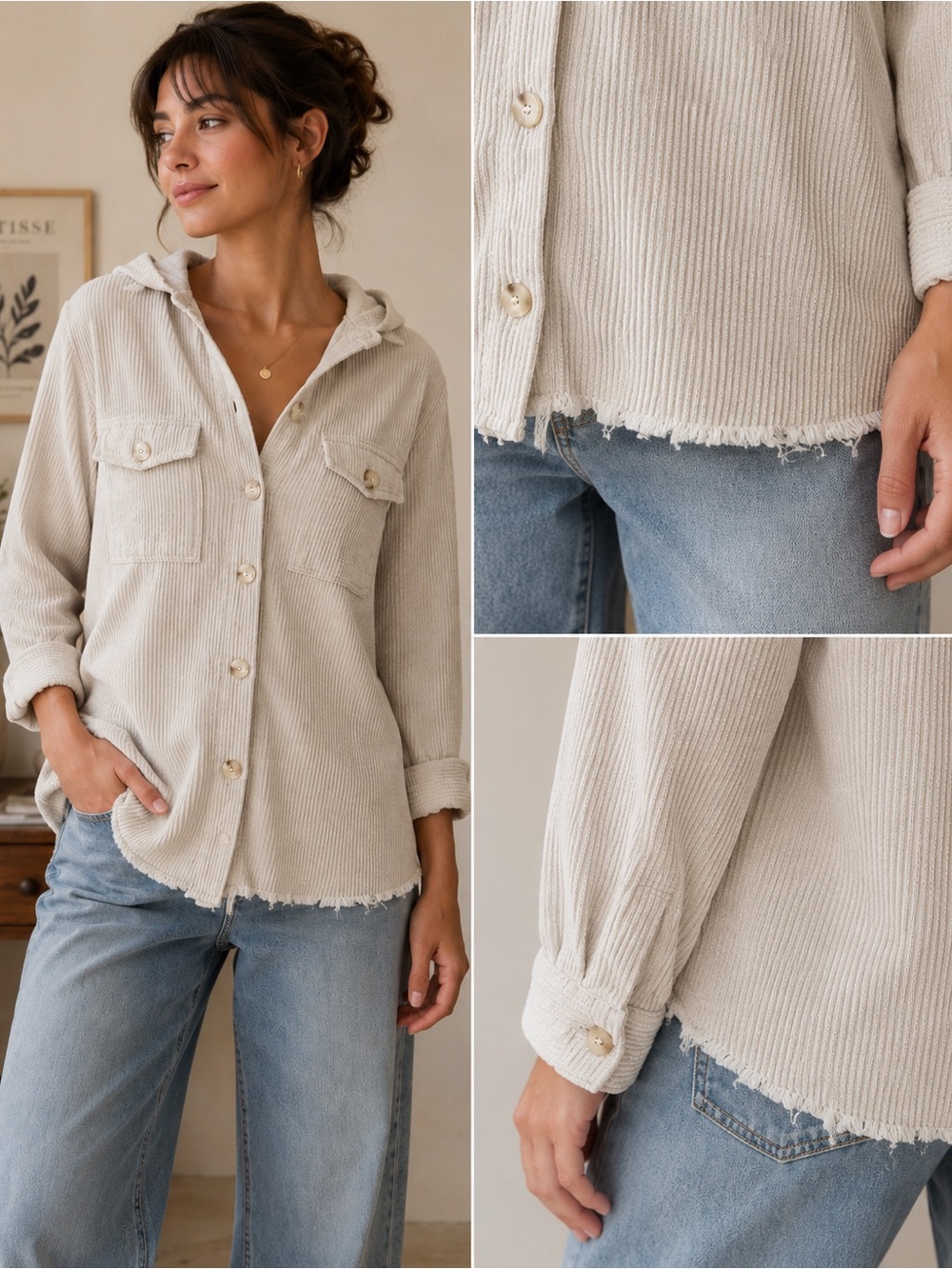 Mystree Light Beige Button-Front Corduroy Shirt Jacket